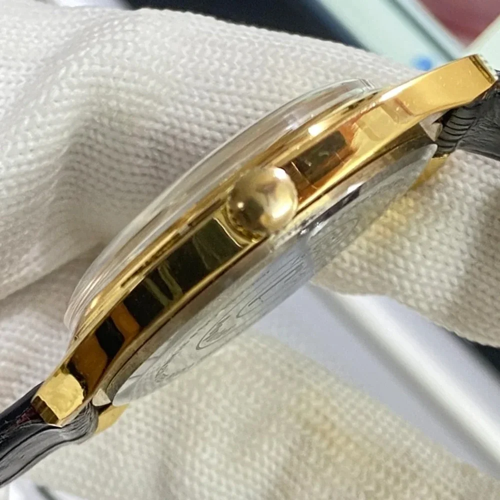 Vintage 1980 Roamer Manual Mens Gold Watch W/Leather Strap & Blue accents
